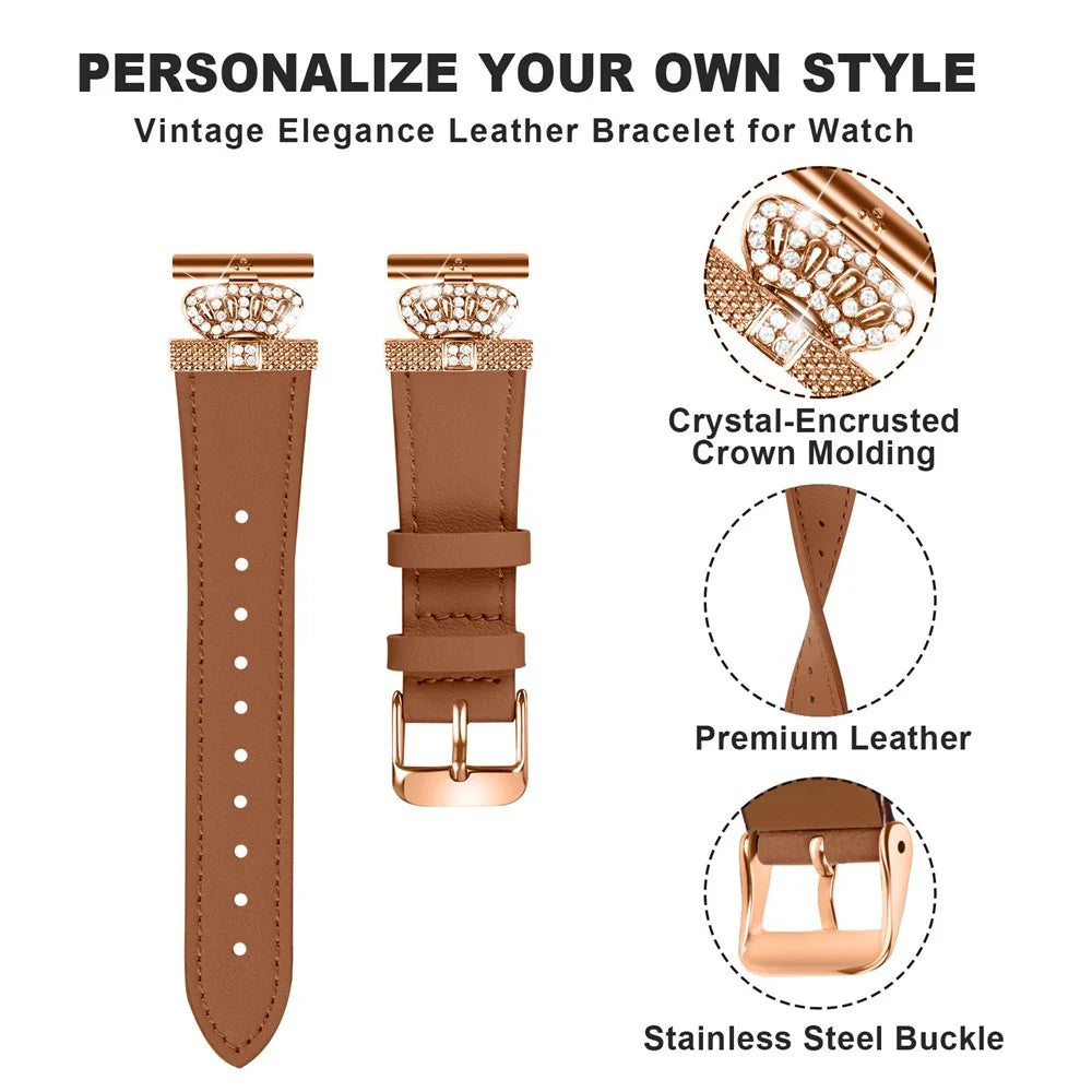 For Garmin Forerunner 245 / 245 Music Rose Gold Buckle Strap Rhinestone Crown Cowhide Band - Brown - 2
