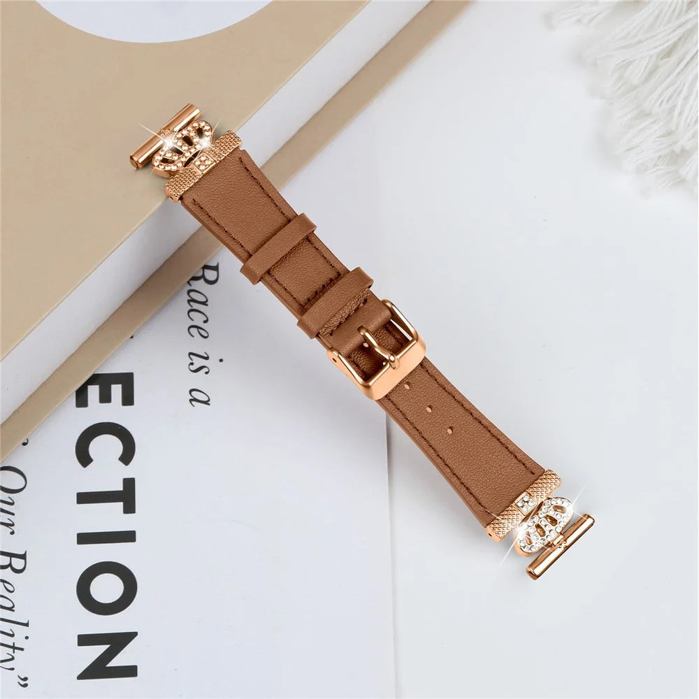 For Garmin Forerunner 245 / 245 Music Rose Gold Buckle Strap Rhinestone Crown Cowhide Band - Brown - 3