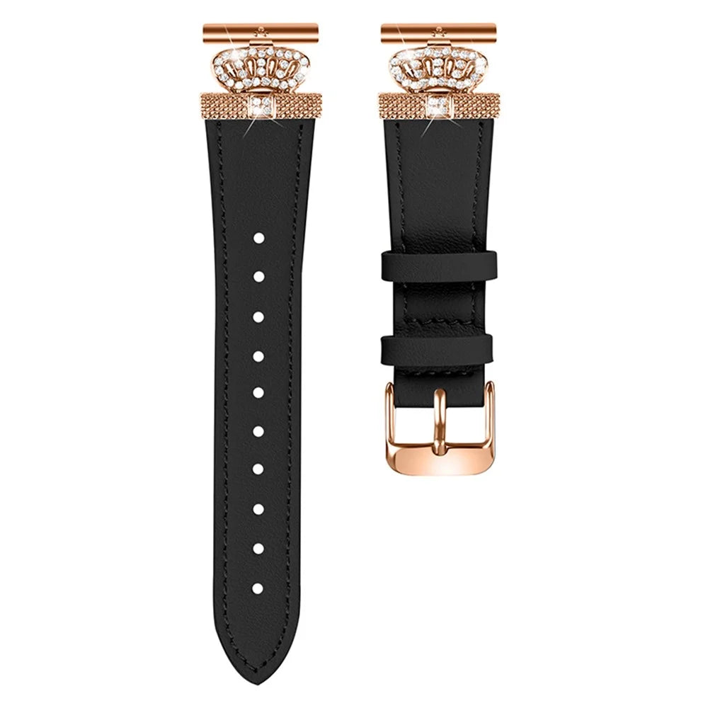 For GarminMove 3  /  Vivomove 3 Watchband Genuine Cow Leather Strap, Rose Gold Connector with Rhinestone Crown Decor - Black - 1