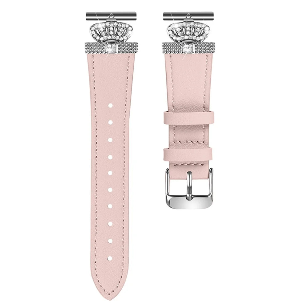 For GarminMove 3  /  Vivomove 3 Watchband with Rhinestone Crown Decor Genuine Cow Leather Strap, Siver Connector - Pink - 1