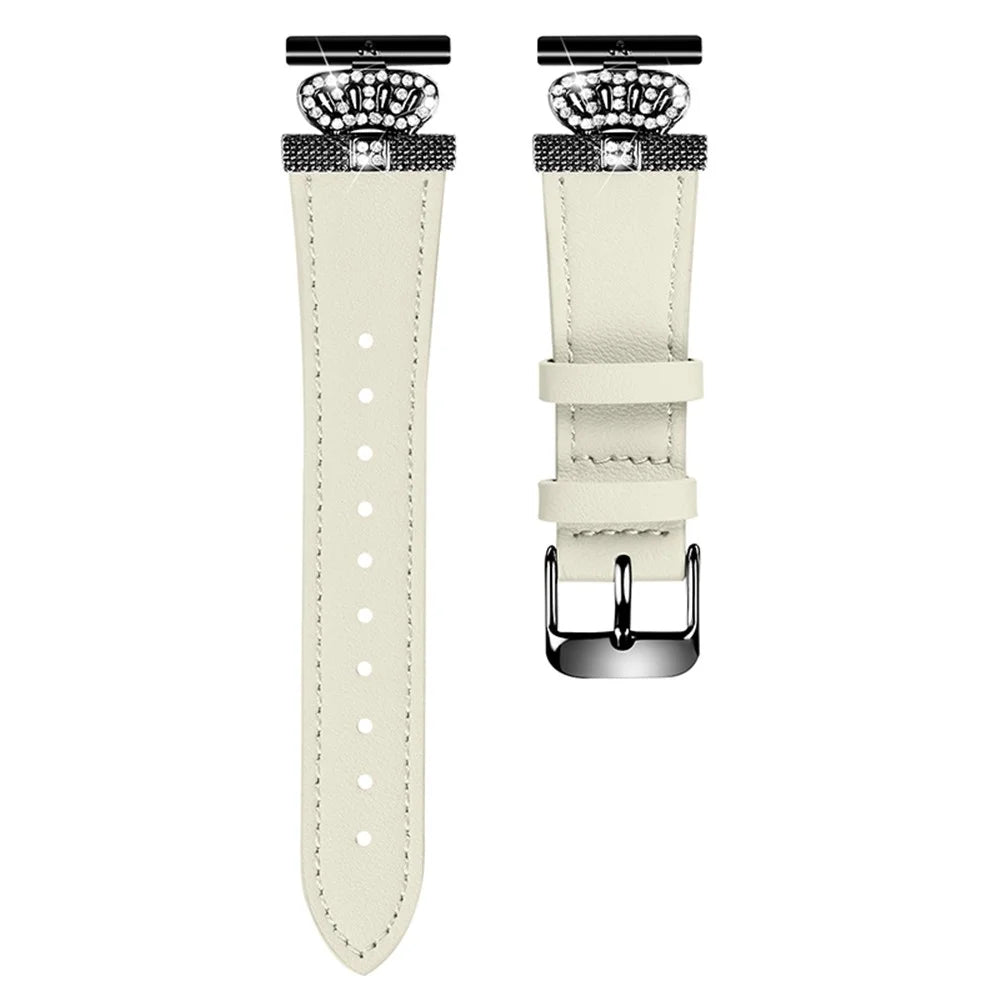 For GarminMove 3  /  Vivomove 3 Watchband with Black Connector Genuine Cow Leather Strap, Rhinestone Crown Decor - Apricot - 1