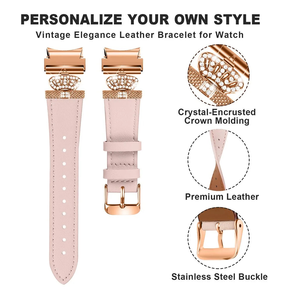 For Samsung Galaxy Watch6 40mm  /  44mm  /  Watch6 Classic 43mm  /  47mm Watchband with Rose Gold Connector Genuine Cow Leather Strap - Pink - 4