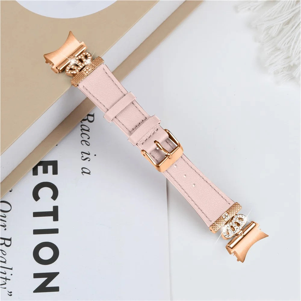 For Samsung Galaxy Watch6 40mm  /  44mm  /  Watch6 Classic 43mm  /  47mm Watchband with Rose Gold Connector Genuine Cow Leather Strap - Pink - 5