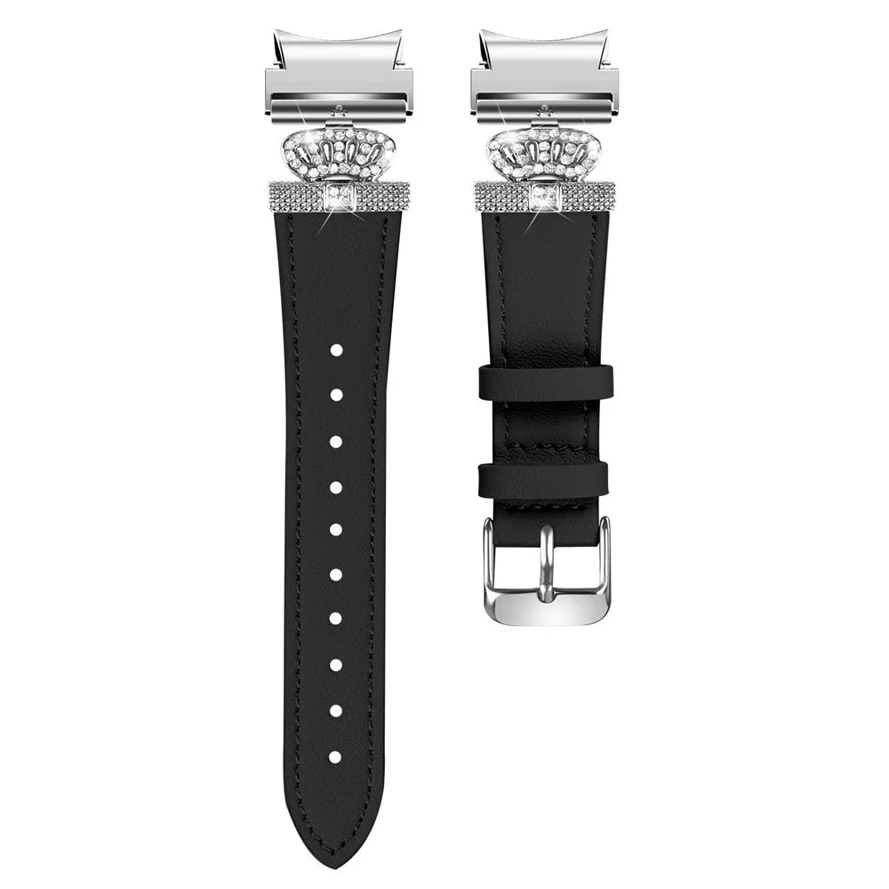 For Samsung Galaxy Watch6 40mm  /  44mm  /  Watch6 Classic 43mm  /  47mm Watchband with Silver Connector Genuine Cow Leather Strap - Black - 1