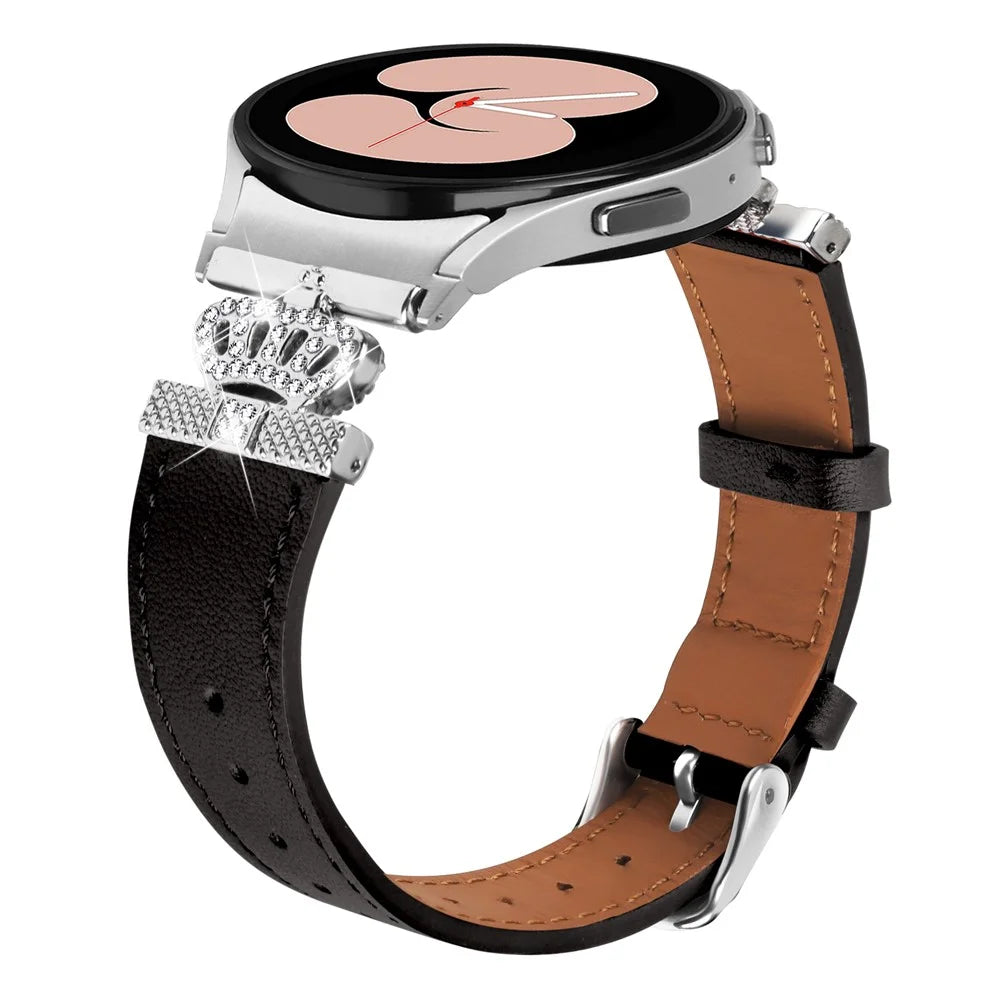 For Samsung Galaxy Watch6 40mm  /  44mm  /  Watch6 Classic 43mm  /  47mm Watchband with Silver Connector Genuine Cow Leather Strap - Black - 2