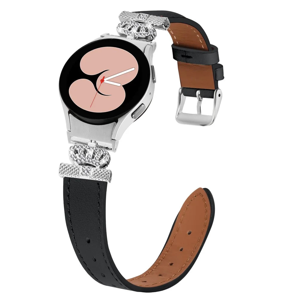 For Samsung Galaxy Watch6 40mm  /  44mm  /  Watch6 Classic 43mm  /  47mm Watchband with Silver Connector Genuine Cow Leather Strap - Black - 3