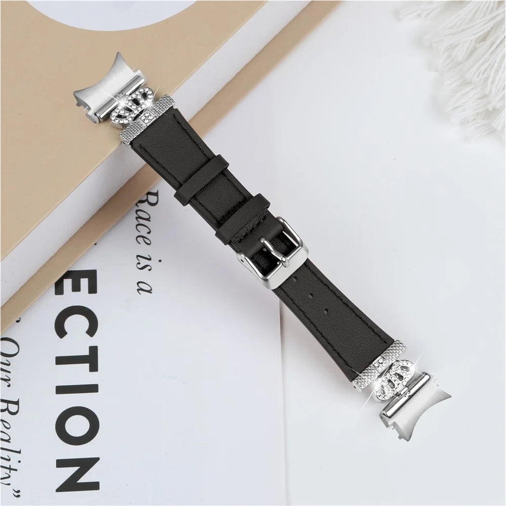 For Samsung Galaxy Watch6 40mm  /  44mm  /  Watch6 Classic 43mm  /  47mm Watchband with Silver Connector Genuine Cow Leather Strap - Black - 5