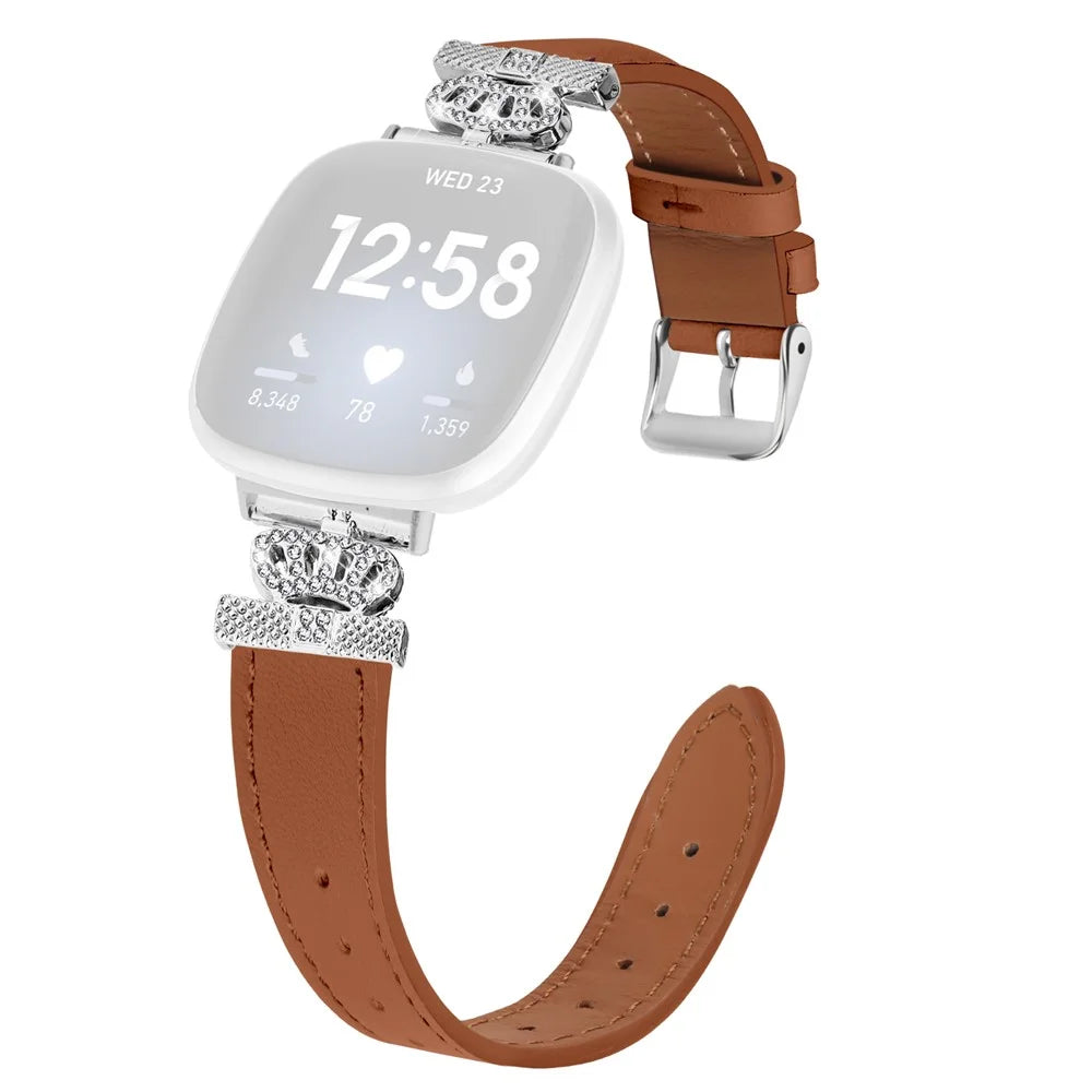 For Fitbit Versa 4 / Sense 2 Silver Buckle Genuine Cow Leather Crown Rhinestone  Watch Strap - Brown - 1