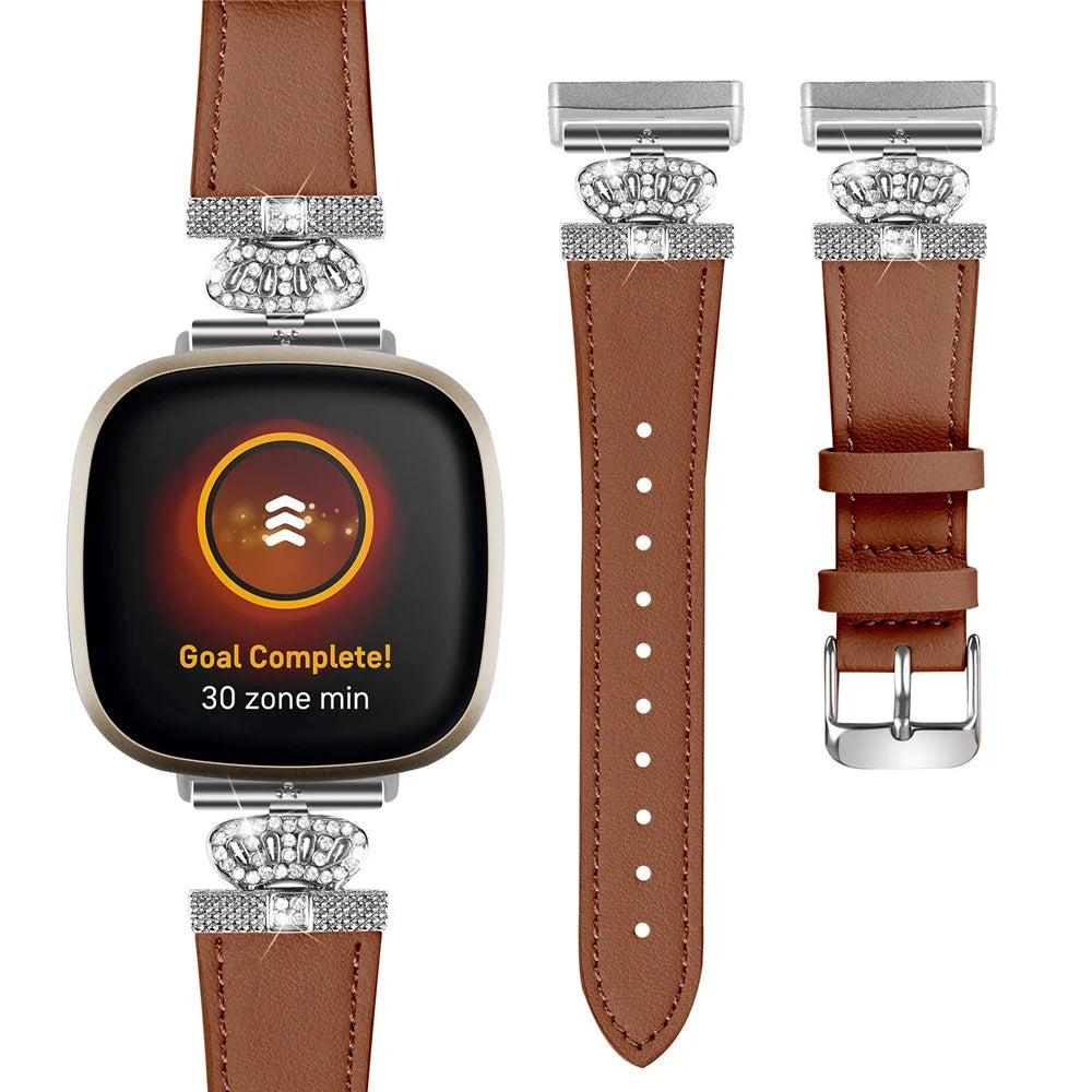 For Fitbit Versa 4 / Sense 2 Silver Buckle Genuine Cow Leather Crown Rhinestone  Watch Strap - Brown - 2