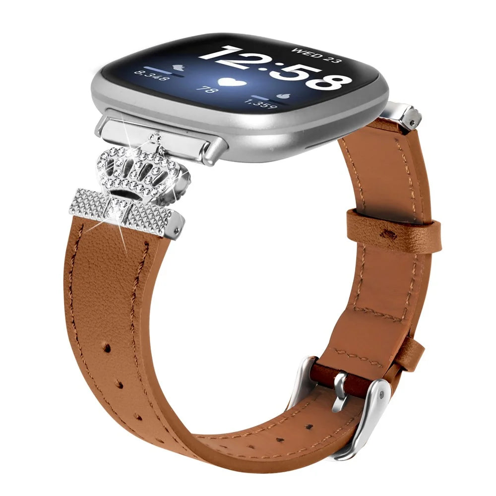 For Fitbit Versa 4 / Sense 2 Silver Buckle Genuine Cow Leather Crown Rhinestone  Watch Strap - Brown - 3