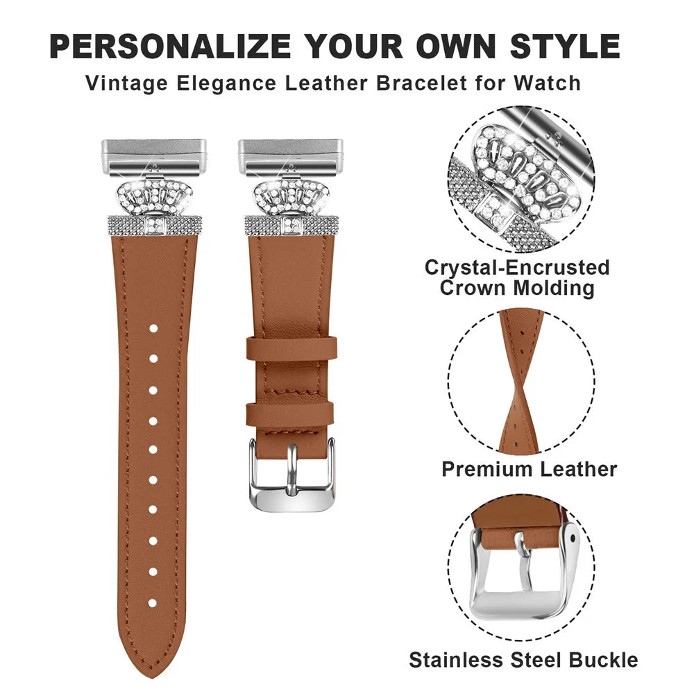 For Fitbit Versa 4 / Sense 2 Silver Buckle Genuine Cow Leather Crown Rhinestone  Watch Strap - Brown - 4