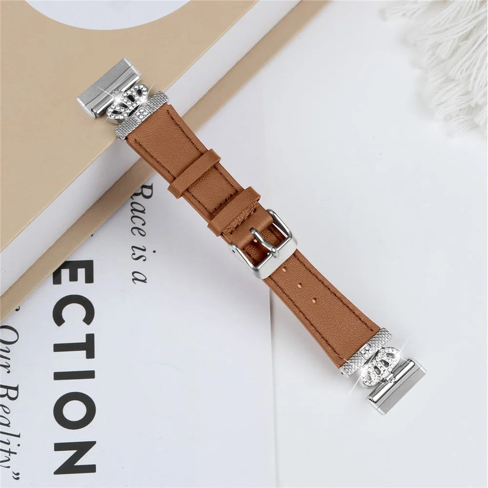 For Fitbit Versa 4 / Sense 2 Silver Buckle Genuine Cow Leather Crown Rhinestone  Watch Strap - Brown - 5