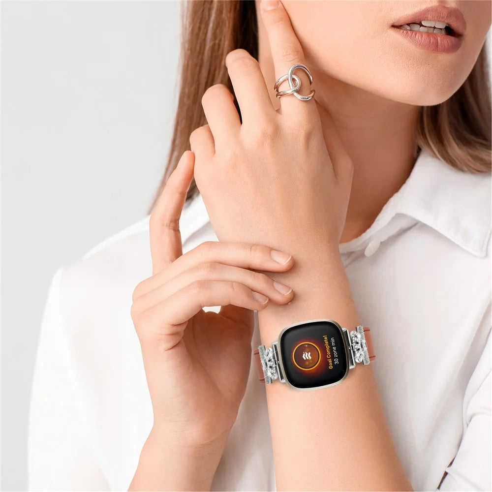 For Fitbit Versa 4 / Sense 2 Silver Buckle Genuine Cow Leather Crown Rhinestone  Watch Strap - Brown - 6