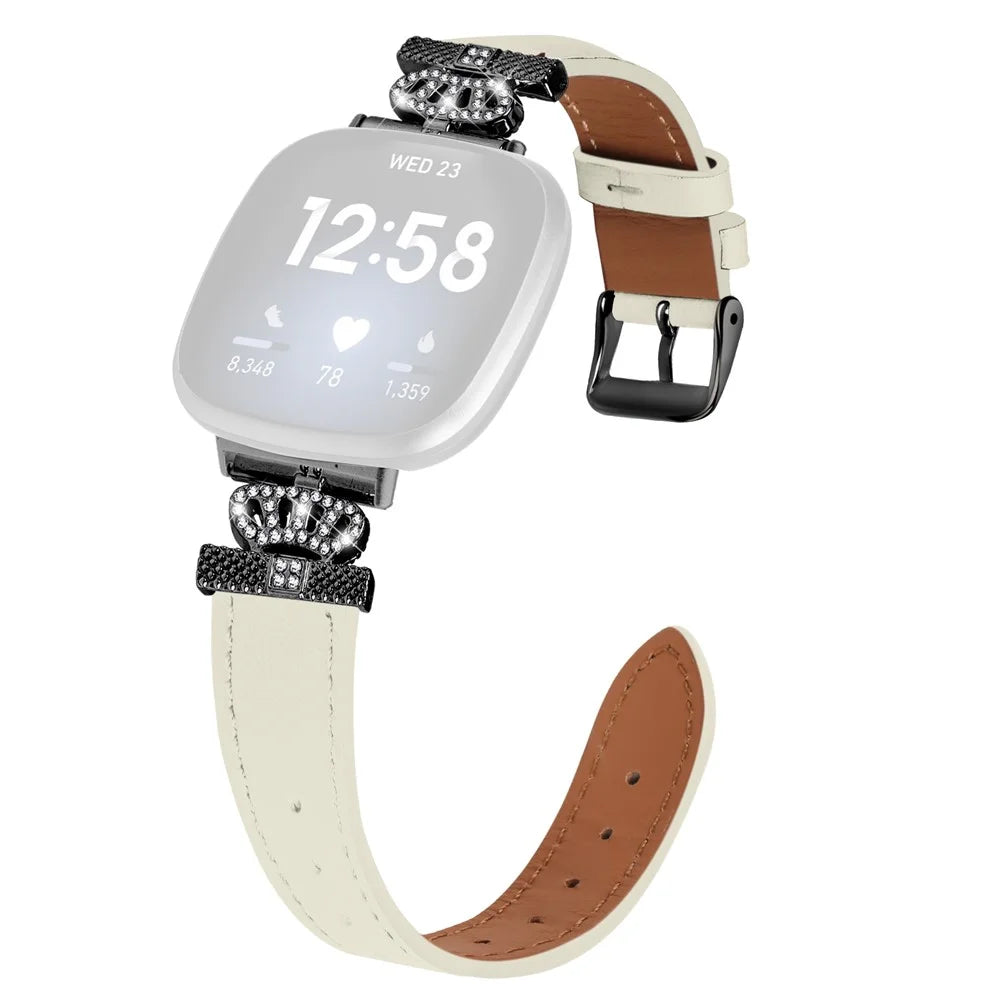 For Fitbit Versa 4 / Sense 2 Genuine Cow Leather Crown Rhinestone Decor Watch Strap (Black Buckle) - Apricot - 1