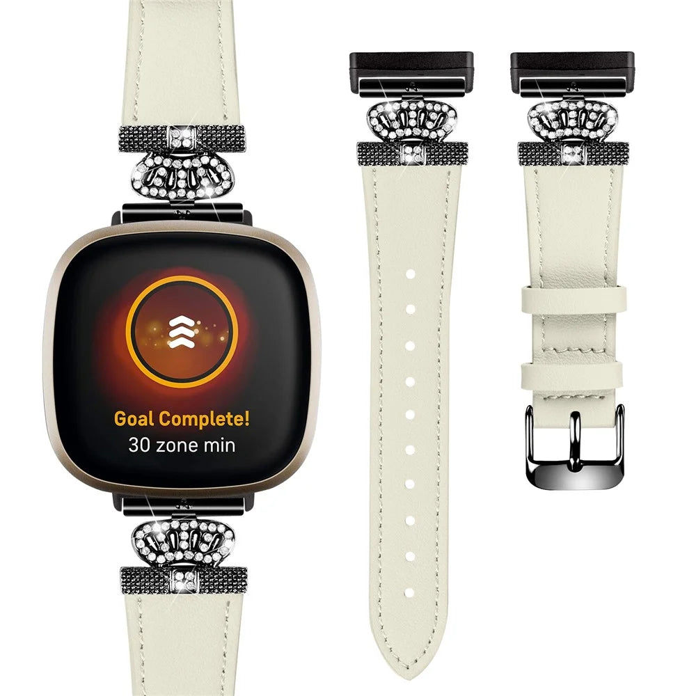 For Fitbit Versa 4 / Sense 2 Genuine Cow Leather Crown Rhinestone Decor Watch Strap (Black Buckle) - Apricot - 2
