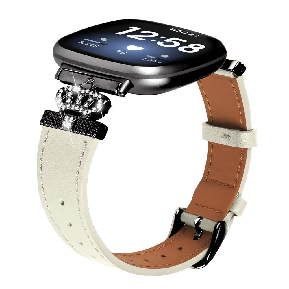 For Fitbit Versa 4 / Sense 2 Genuine Cow Leather Crown Rhinestone Decor Watch Strap (Black Buckle) - Apricot - 3