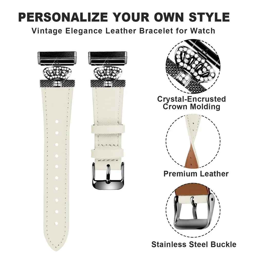 For Fitbit Versa 4 / Sense 2 Genuine Cow Leather Crown Rhinestone Decor Watch Strap (Black Buckle) - Apricot - 4