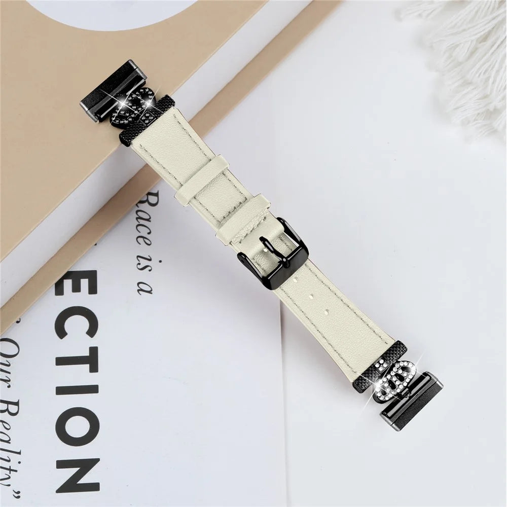 For Fitbit Versa 4 / Sense 2 Genuine Cow Leather Crown Rhinestone Decor Watch Strap (Black Buckle) - Apricot - 5