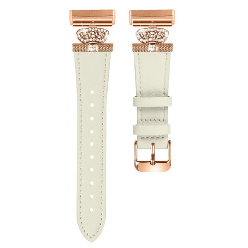 For Fitbit Versa 4 / Sense 2 Smooth Genuine Cow Leather Rhinestone Watch Strap (Rose Gold Buckle) - Apricot - 1