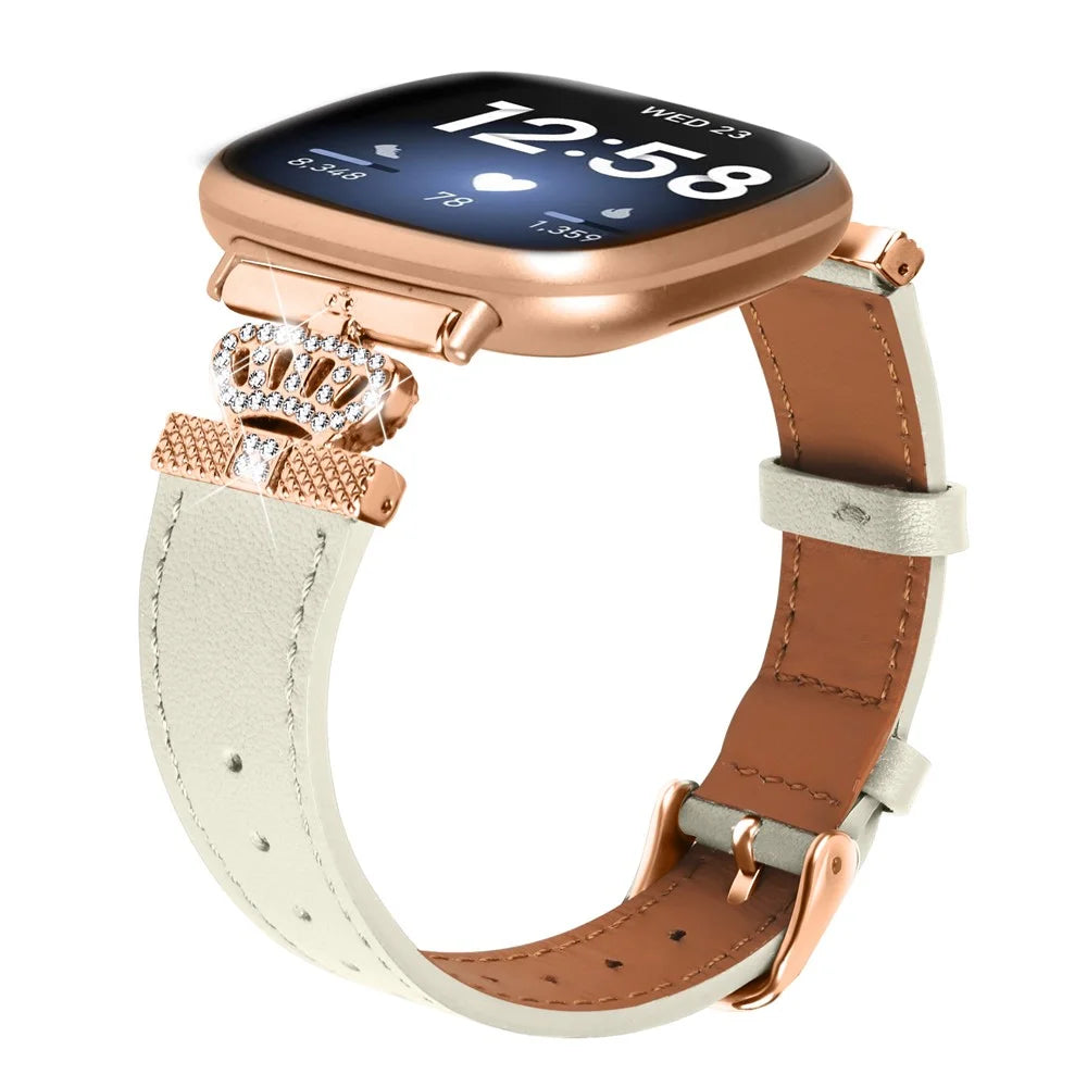 For Fitbit Versa 4 / Sense 2 Smooth Genuine Cow Leather Rhinestone Watch Strap (Rose Gold Buckle) - Apricot - 2