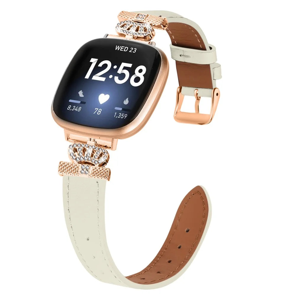 For Fitbit Versa 4 / Sense 2 Smooth Genuine Cow Leather Rhinestone Watch Strap (Rose Gold Buckle) - Apricot - 3