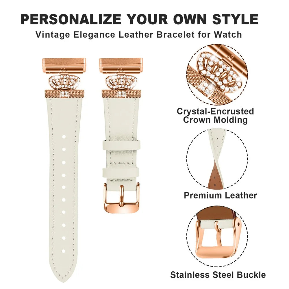 For Fitbit Versa 4 / Sense 2 Smooth Genuine Cow Leather Rhinestone Watch Strap (Rose Gold Buckle) - Apricot - 4