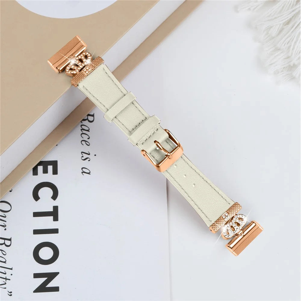 For Fitbit Versa 4 / Sense 2 Smooth Genuine Cow Leather Rhinestone Watch Strap (Rose Gold Buckle) - Apricot - 5