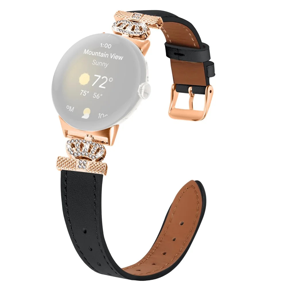 For Google Pixel Watch 4 41mm / Watch 3 41mm / Watch 2 / Watch Rhinestone Genuine Cow Leather Wrist Band Strap (Rose Gold Buckle) - Black - 1