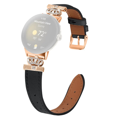 For Google Pixel Watch 4 41mm / Watch 3 41mm / Watch 2 / Watch Rhinestone Genuine Cow Leather Wrist Band Strap (Rose Gold Buckle) - Black - 1