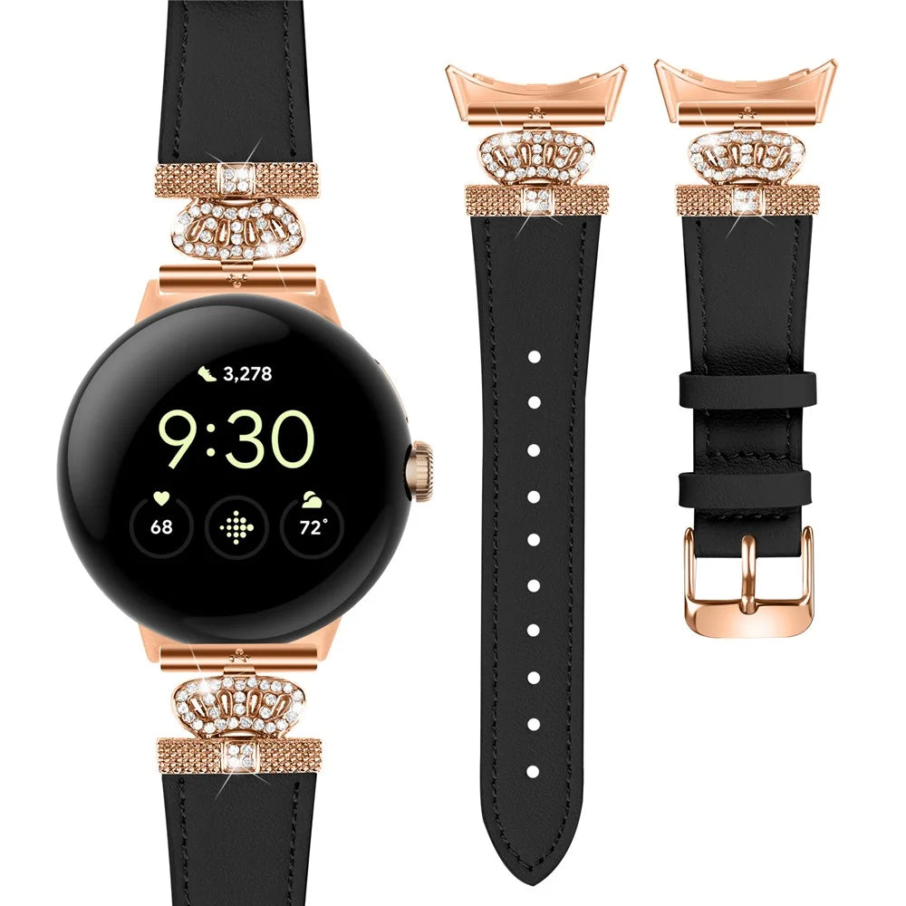 For Google Pixel Watch 4 41mm / Watch 3 41mm / Watch 2 / Watch Rhinestone Genuine Cow Leather Wrist Band Strap (Rose Gold Buckle) - Black - 2