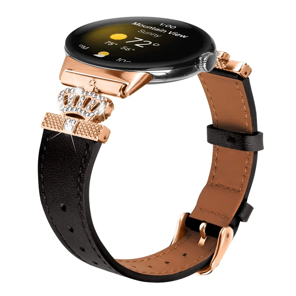 For Google Pixel Watch 4 41mm / Watch 3 41mm / Watch 2 / Watch Rhinestone Genuine Cow Leather Wrist Band Strap (Rose Gold Buckle) - Black - 3