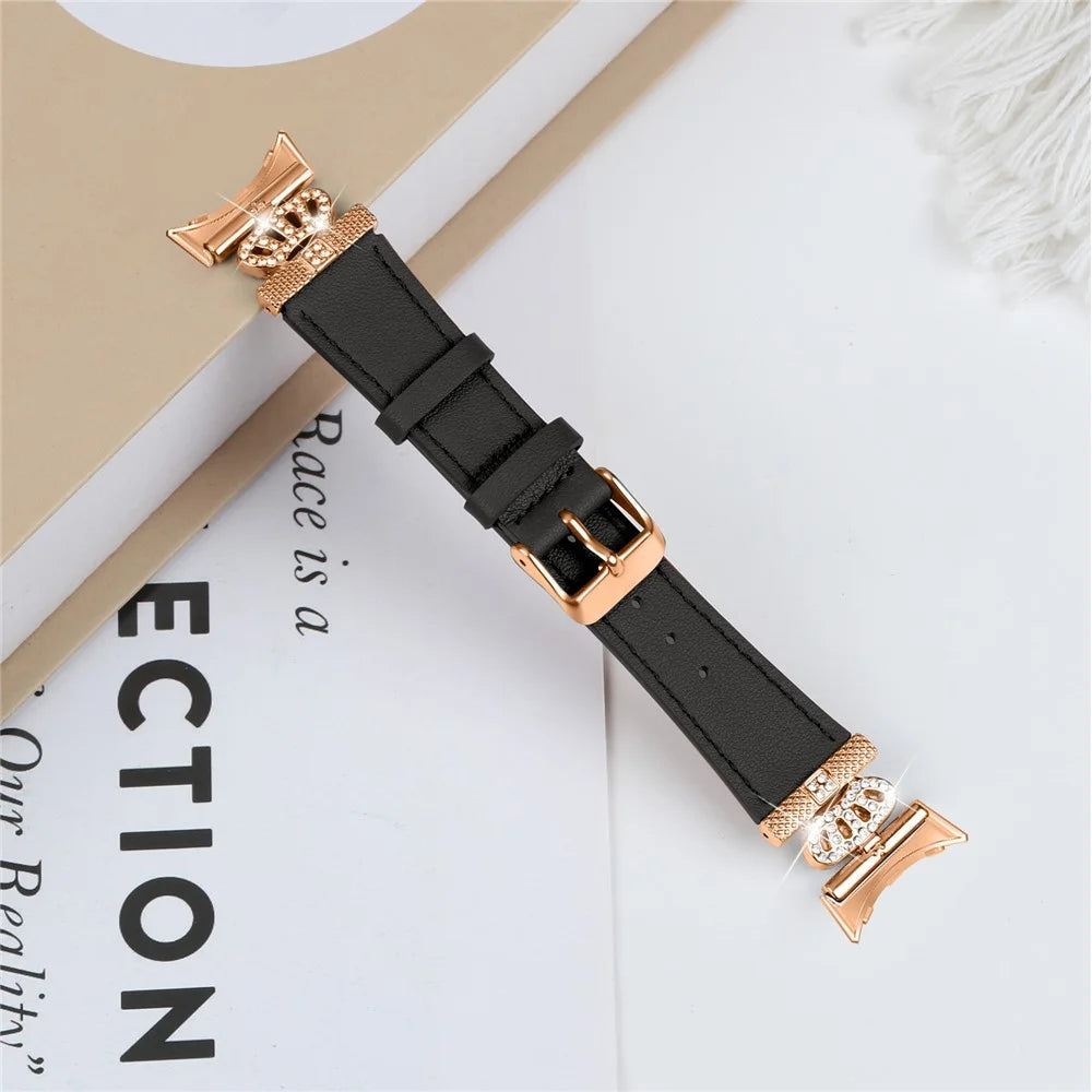 For Google Pixel Watch 4 41mm / Watch 3 41mm / Watch 2 / Watch Rhinestone Genuine Cow Leather Wrist Band Strap (Rose Gold Buckle) - Black - 5