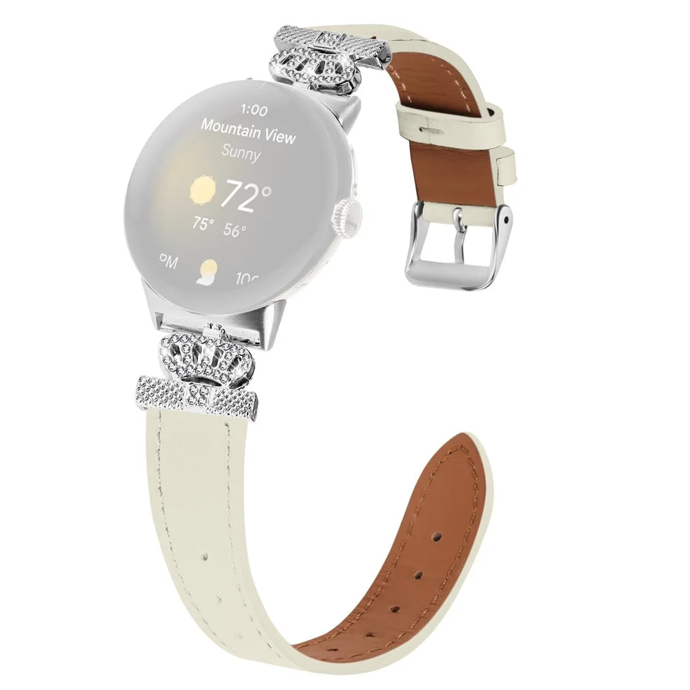 For Google Pixel Watch 4 41mm / Watch 3 41mm / Watch 2 / Watch Soft Genuine Cow Leather Wrist Band Rhinestone Watch Strap (Silver Buckle) - Apricot - 1