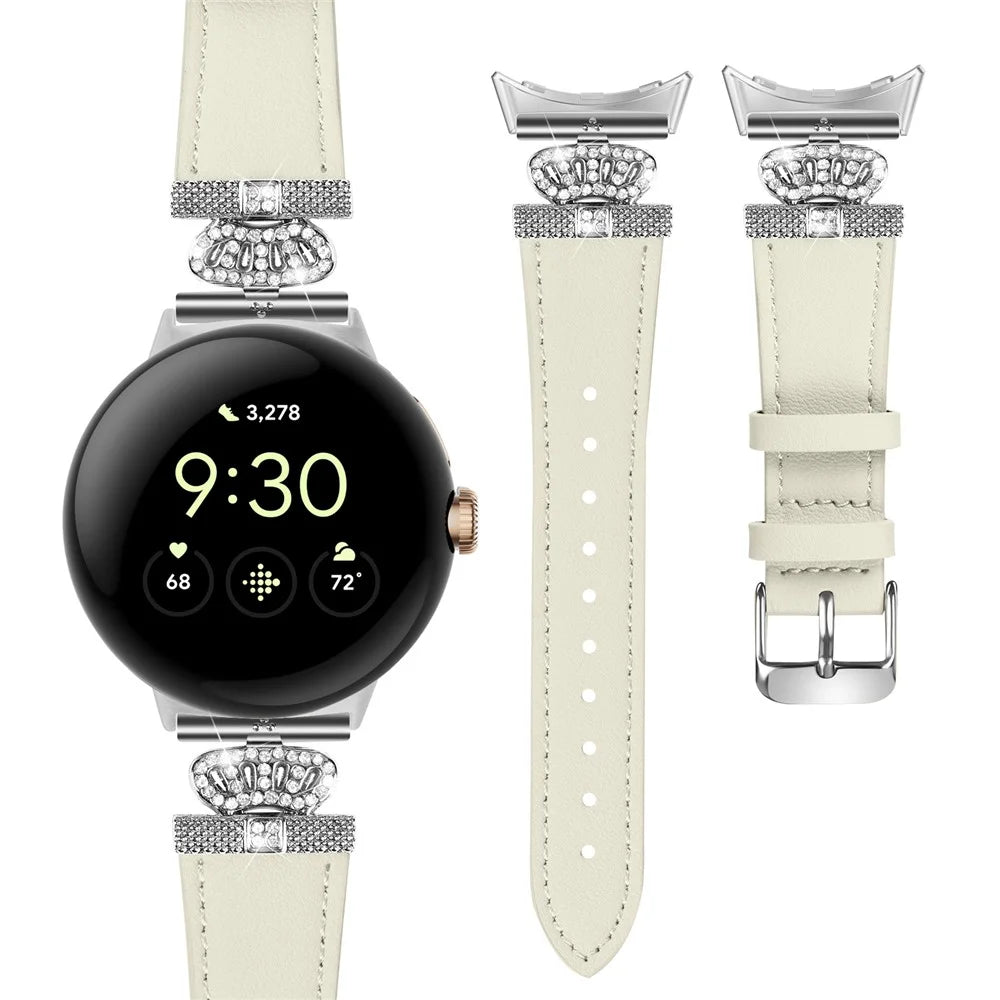 For Google Pixel Watch 4 41mm / Watch 3 41mm / Watch 2 / Watch Soft Genuine Cow Leather Wrist Band Rhinestone Watch Strap (Silver Buckle) - Apricot - 2