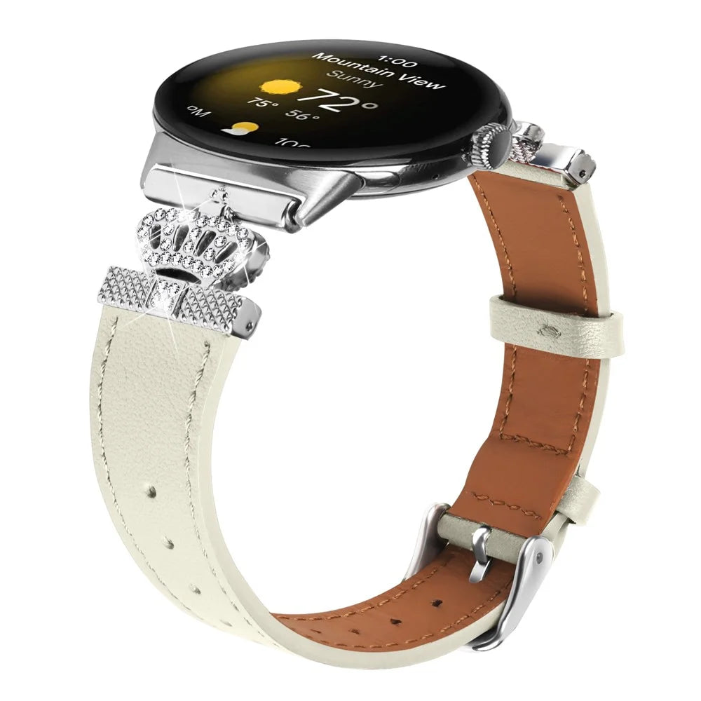 For Google Pixel Watch 4 41mm / Watch 3 41mm / Watch 2 / Watch Soft Genuine Cow Leather Wrist Band Rhinestone Watch Strap (Silver Buckle) - Apricot - 3