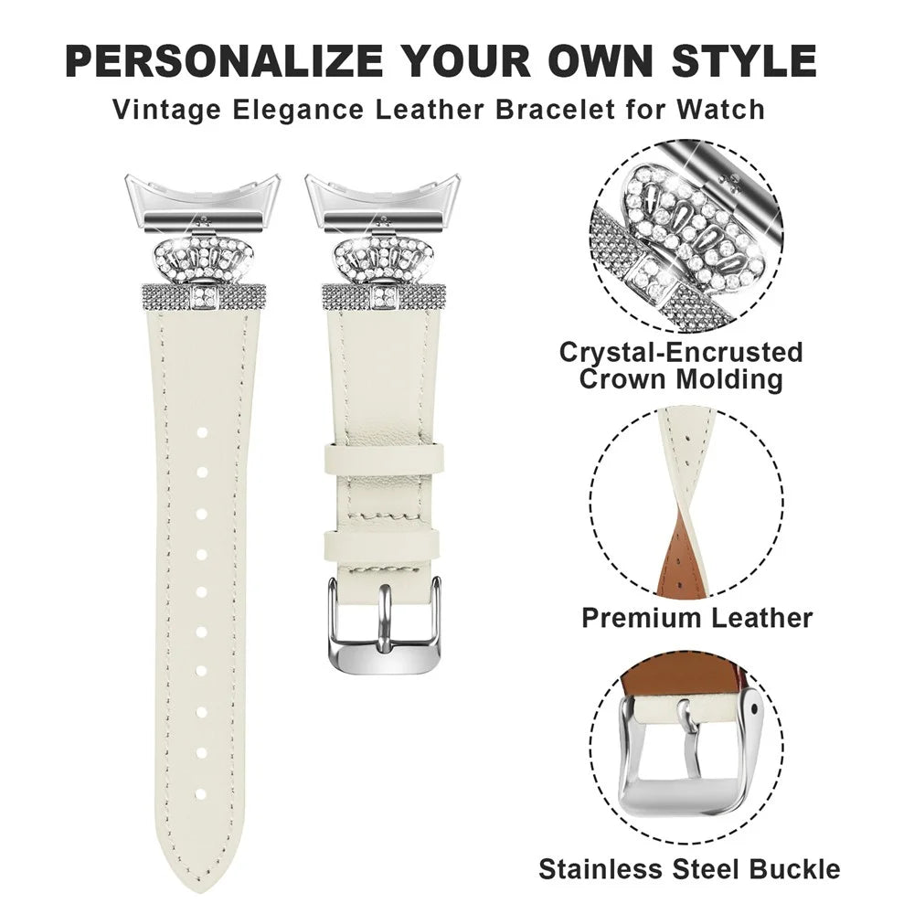 For Google Pixel Watch 4 41mm / Watch 3 41mm / Watch 2 / Watch Soft Genuine Cow Leather Wrist Band Rhinestone Watch Strap (Silver Buckle) - Apricot - 4
