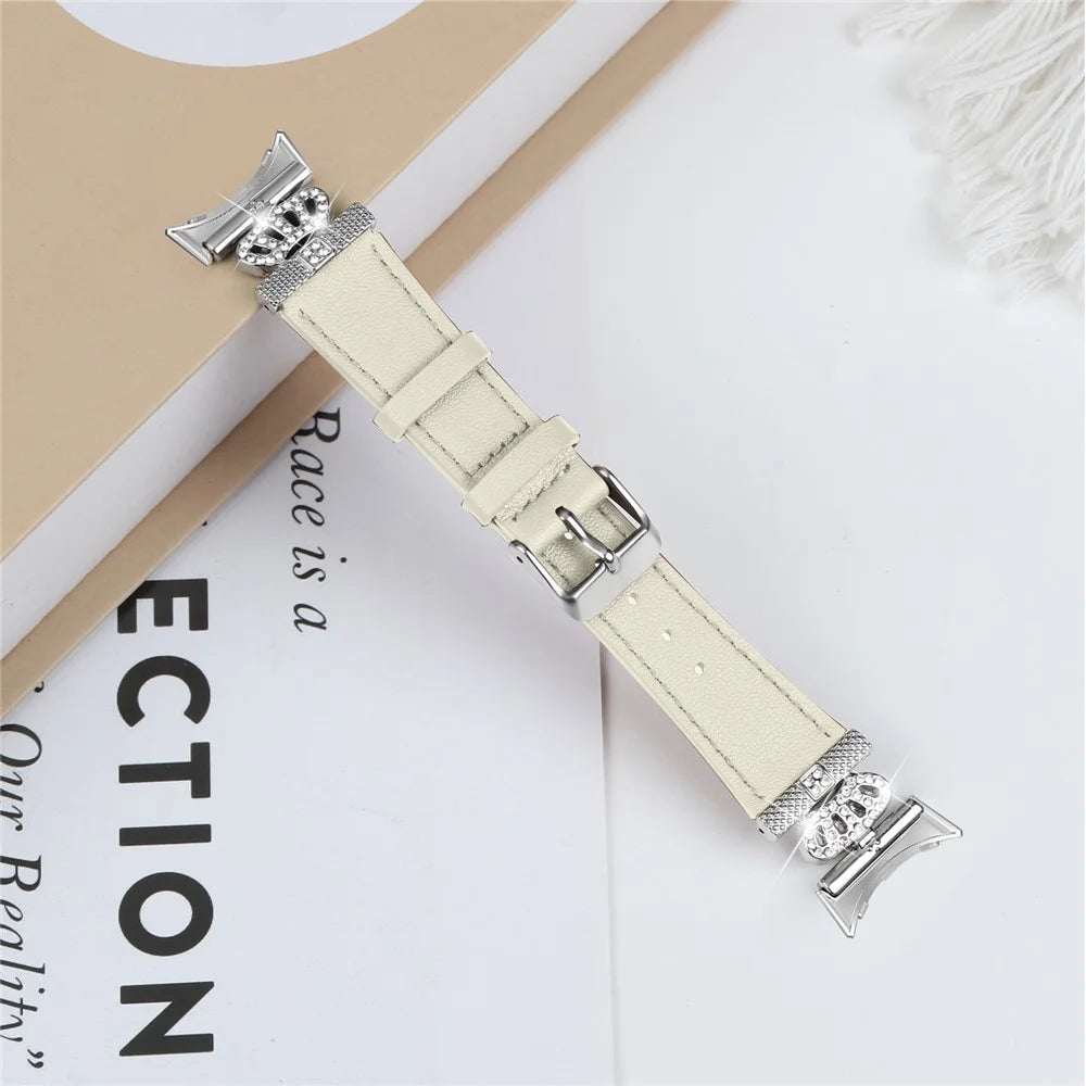 For Google Pixel Watch 4 41mm / Watch 3 41mm / Watch 2 / Watch Soft Genuine Cow Leather Wrist Band Rhinestone Watch Strap (Silver Buckle) - Apricot - 5