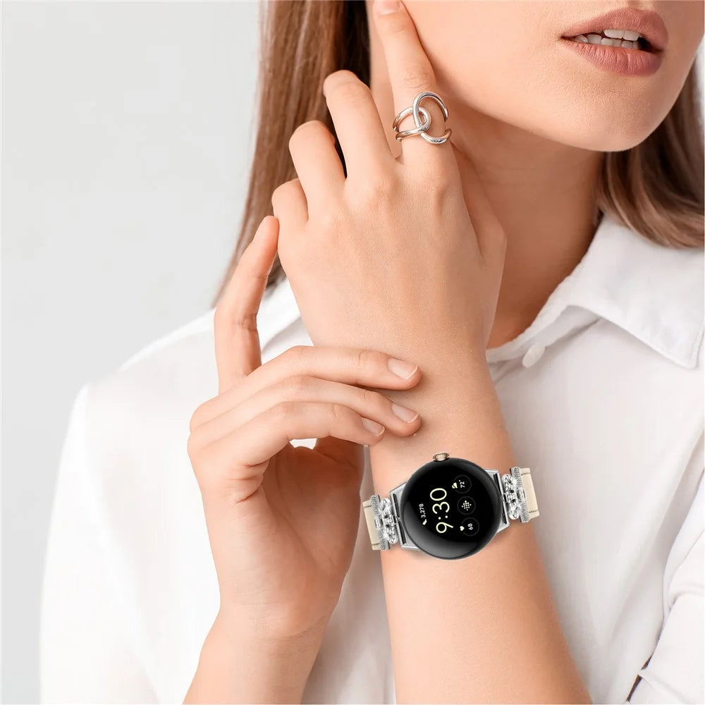 For Google Pixel Watch 4 41mm / Watch 3 41mm / Watch 2 / Watch Soft Genuine Cow Leather Wrist Band Rhinestone Watch Strap (Silver Buckle) - Apricot - 6