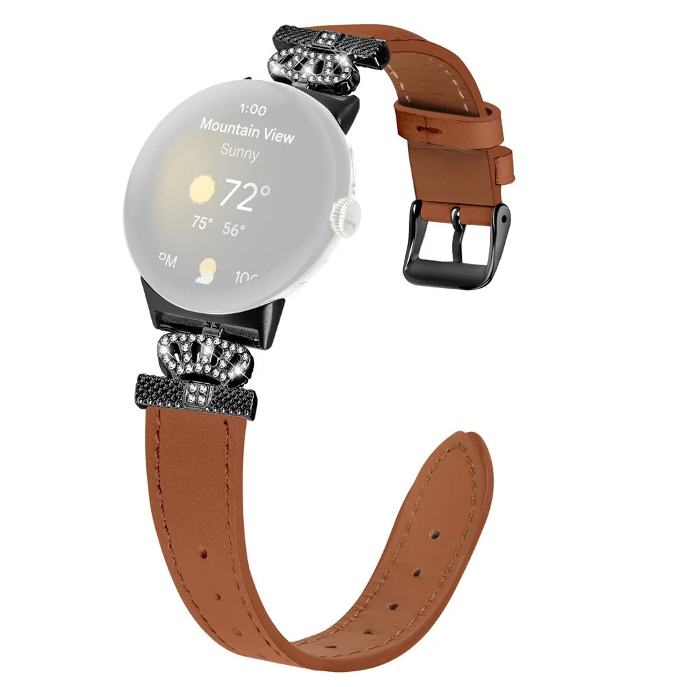 For Google Pixel Watch 4 41mm / Watch 3 41mm / Watch 2 / Watch Crown Rhinestone Decor Genuine Cow Leather Wrist Band Strap (Black Buckle) - Brown - 1