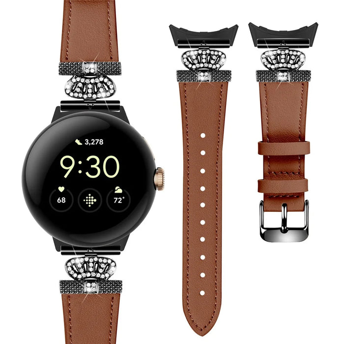 For Google Pixel Watch 4 41mm / Watch 3 41mm / Watch 2 / Watch Crown Rhinestone Decor Genuine Cow Leather Wrist Band Strap (Black Buckle) - Brown - 2