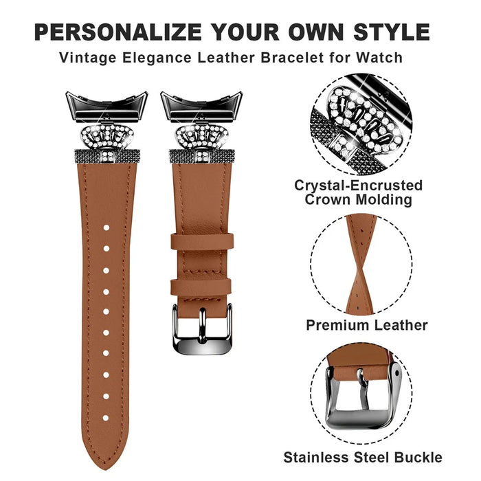 For Google Pixel Watch 4 41mm / Watch 3 41mm / Watch 2 / Watch Crown Rhinestone Decor Genuine Cow Leather Wrist Band Strap (Black Buckle) - Brown - 4
