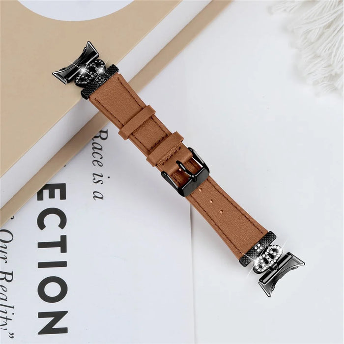 For Google Pixel Watch 4 41mm / Watch 3 41mm / Watch 2 / Watch Crown Rhinestone Decor Genuine Cow Leather Wrist Band Strap (Black Buckle) - Brown - 5