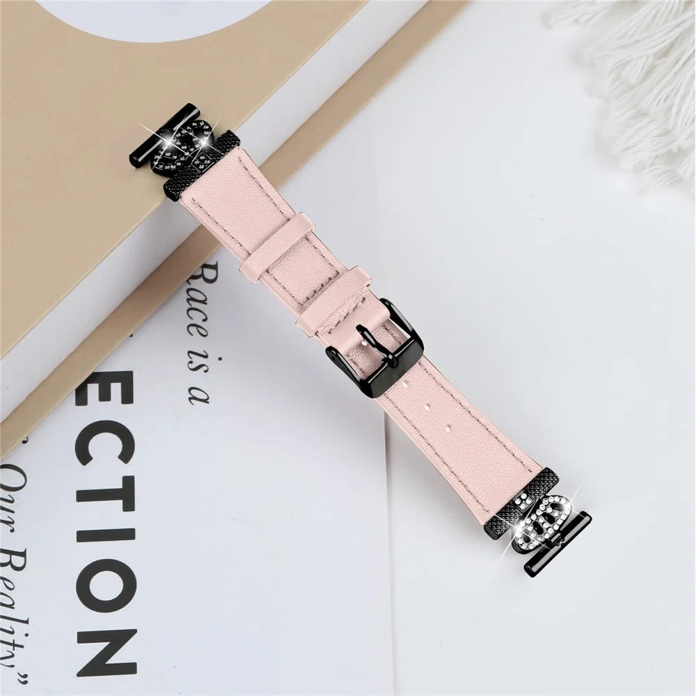 For Huami Amazfit Youth Edition 20mm Cowhide Band Crown Design Strap with Black Buckle - Pink - 3