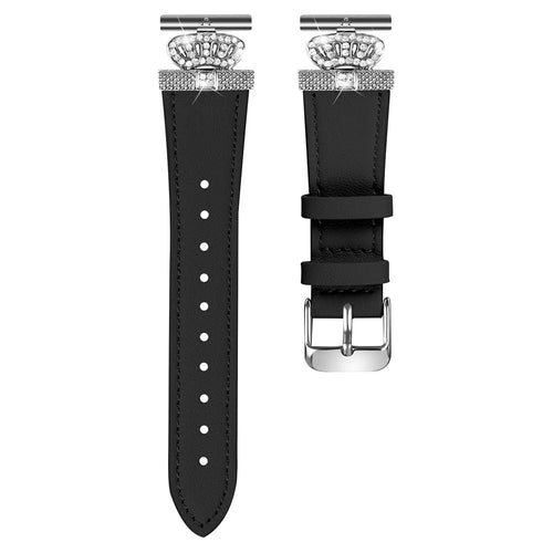 For Huami Amazfit Youth Edition 20mm Cowhide Strap Crown Design Watch Band with Silver Buckle - Black - 1