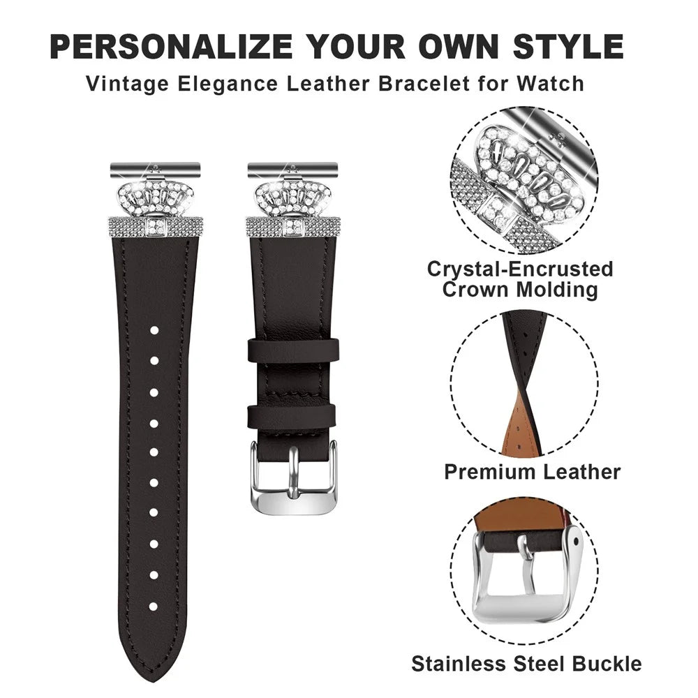 For Huami Amazfit Youth Edition 20mm Cowhide Strap Crown Design Watch Band with Silver Buckle - Black - 2