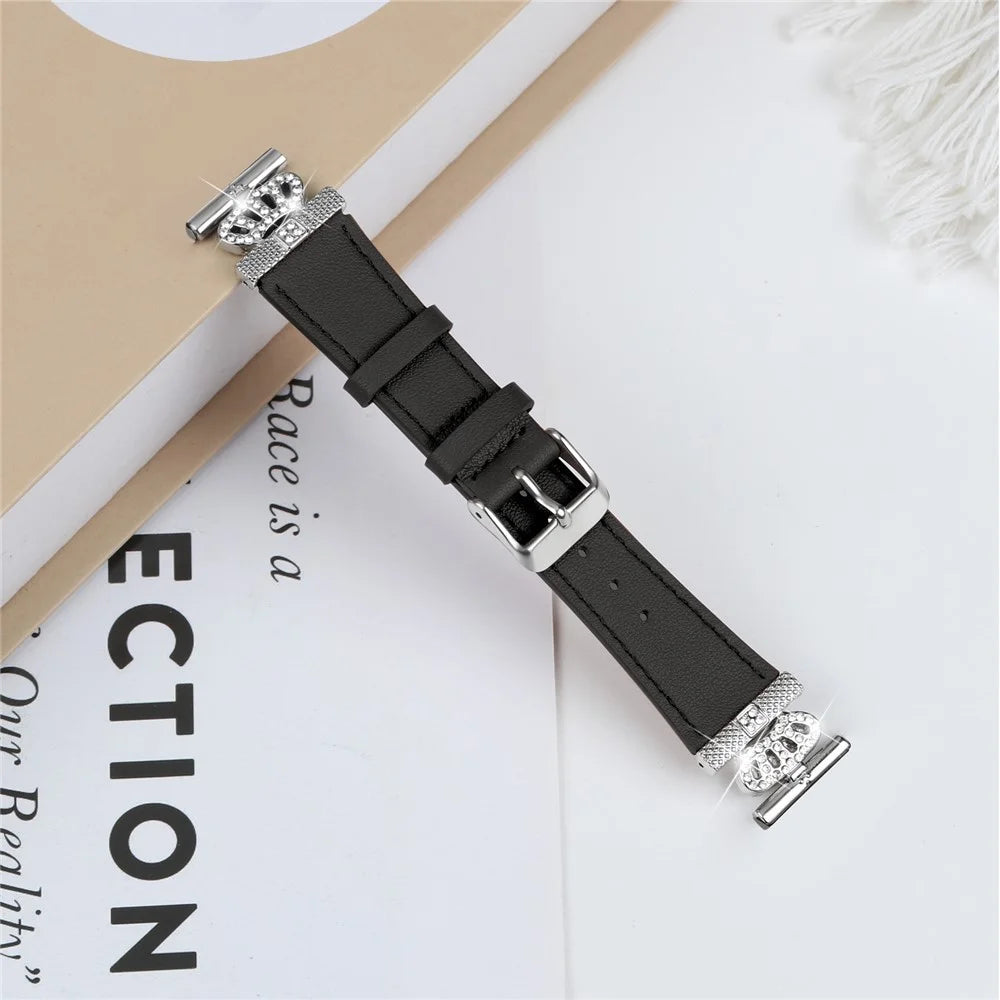 For Huami Amazfit Youth Edition 20mm Cowhide Strap Crown Design Watch Band with Silver Buckle - Black - 3