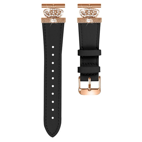 For Huami Amazfit Youth Edition 20mm Cowhide Replacement Band Crown Design Strap with Rose Gold Buckle - Black - 1