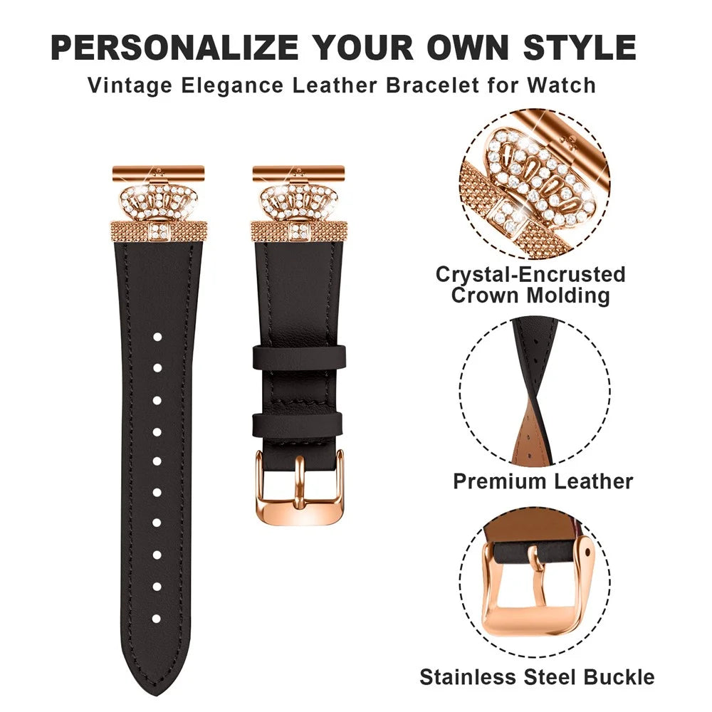 For Huami Amazfit Youth Edition 20mm Cowhide Replacement Band Crown Design Strap with Rose Gold Buckle - Black - 2