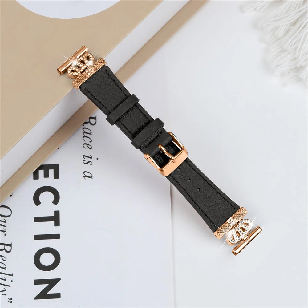 For Huami Amazfit Youth Edition 20mm Cowhide Replacement Band Crown Design Strap with Rose Gold Buckle - Black - 3