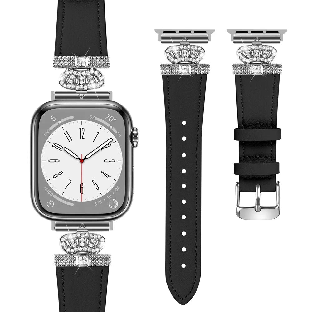 Watch Band for Apple Watch Series 11 10 42mm / 9 8 7 41mm / SE3 SE2 SE 6 5 4 40mm / 3 2 1 38mm Genuine Cow Leather Strap with Silver Buckle - Black - 2